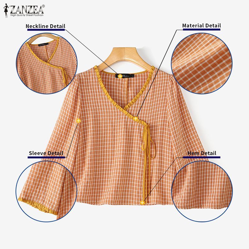 ZANZEA ผู้หญิงเกาหลีวินเทจ V คอกลางแขนด้านข้าง Tie-Up Contrast Edge Checkered เสื้อเบลาส์ — صورة 7