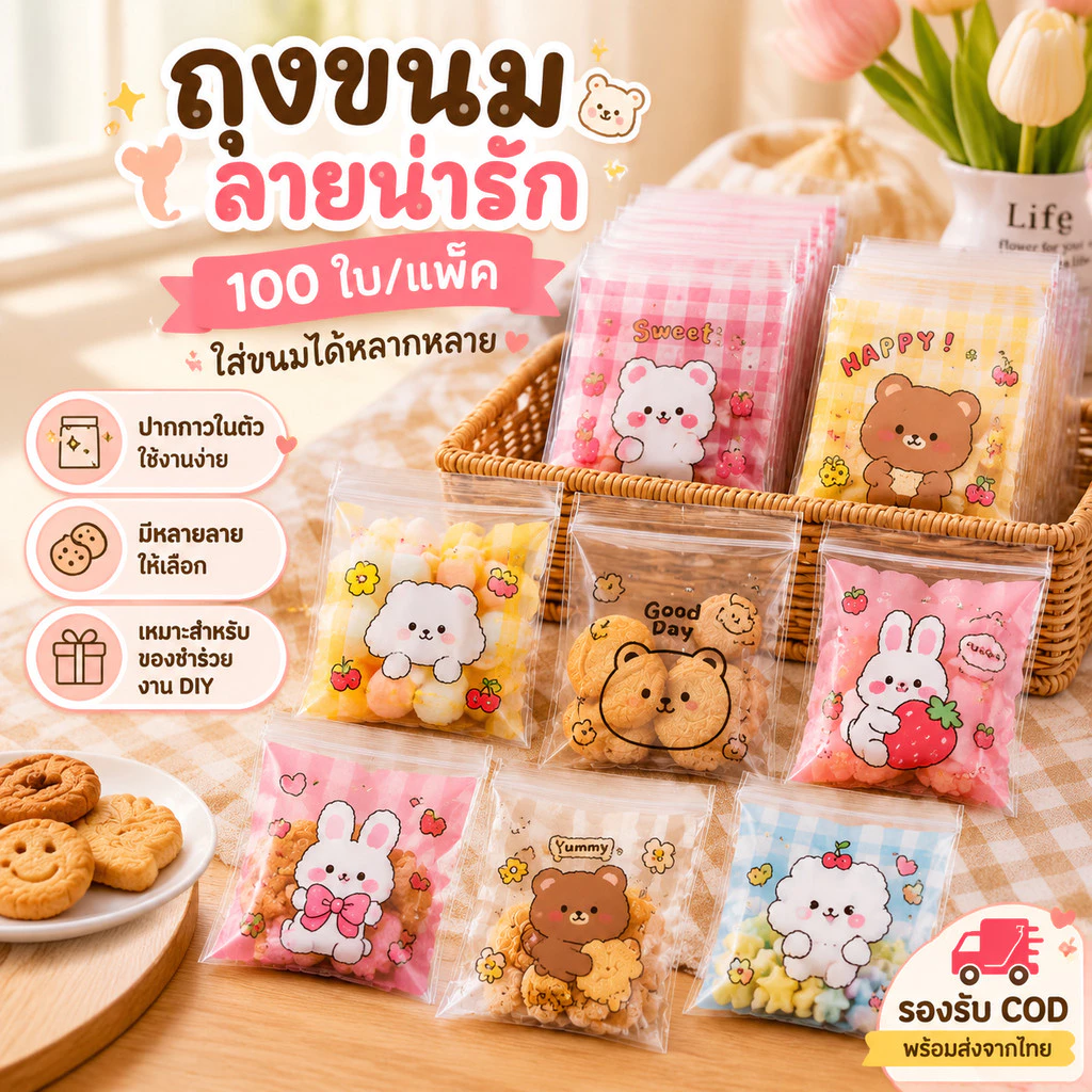 ถุงแพ็คขนม 14×14+3 ซม. 100 ใบ ถุงคุกกี้ใส ปากกาวในตัว ลายการ์ตูนน่ารัก ถุงเบเกอรี่ ใส่ขนม ของชำร่วย งาน DIY พร้อมส่ง COD