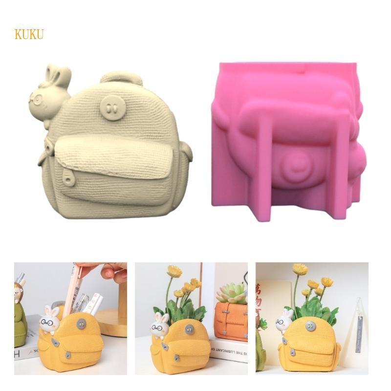 KU * แม่พิมพ์ซิลิโคน สําหรับกระถางต้นไม้ฉ่ํา Mini Garden รูปปั้นกระเป๋าเป้สะพายหลังกระต่ายแม่พิมพ์