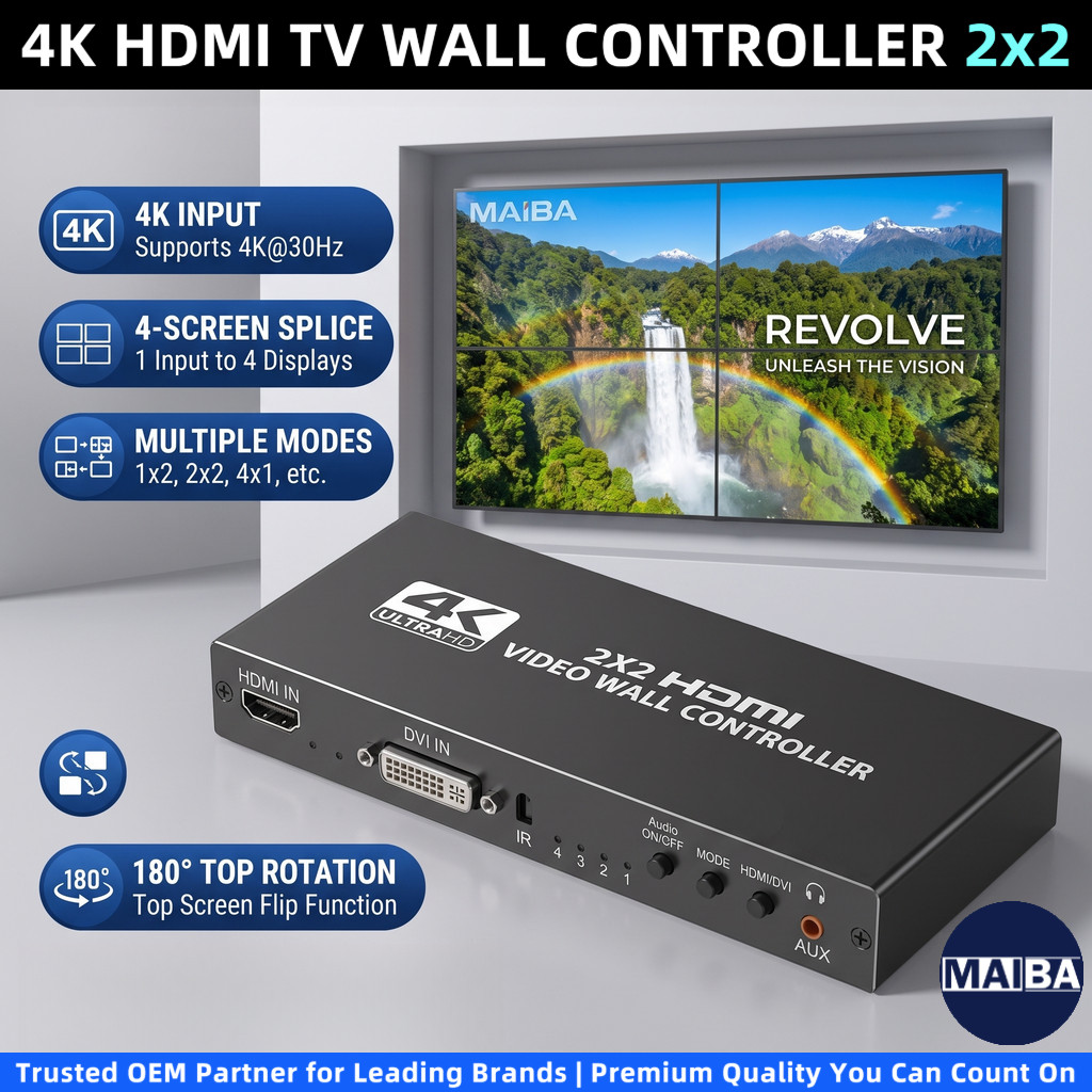 2x2 Video Wall Stitching โปรเซสเซอร์ 4K 1080P HDMI DVI TV Wall Controller 4 หน้าจอ 8 โหมดปรับ 180 Rotatation