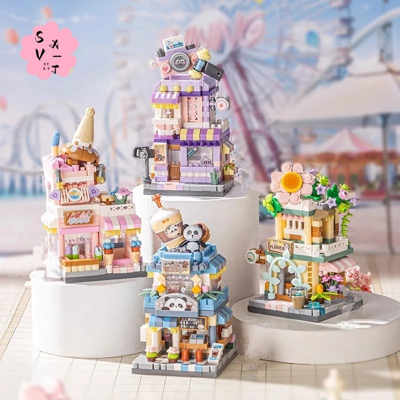Street View Food House Building Blocks Kit - Coffee Pet Fruit Store Model Toy for Kids
