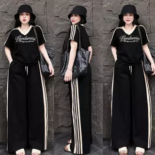 ชุดเซ็ต 2 ชิ้น เสื้อคอวี+กางเกงยาวทรงกระบอก สกรีนลายตัวอักษร **ผ้าวูลเวฟ** S333 กางเกงมีกระเป๋าข้าง มีเชือกรูด เอวยางยืด