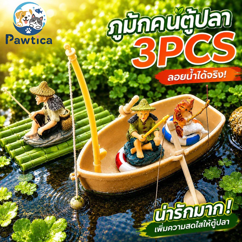 PawTica 3PCS ภูมิทัศน์ตู้ปลา ขนาดเล็ก DIY โมเดลลอยน้ำเพิ่มเรื่องราวให้ตู้ปลา มุมตกปลาจิ๋วในตู้ปลา น่ารักและมีเรื่องราว พร็อพแต่งสะดุดตา
