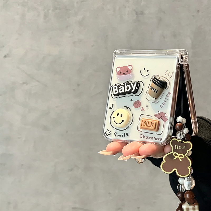 น่ารัก 3D Coffee Bean Teddy Bear Clear Flip เคสโทรศัพท์สําหรับ Samsung Galaxy Z Flip 7 Z Flip6 Z Fli