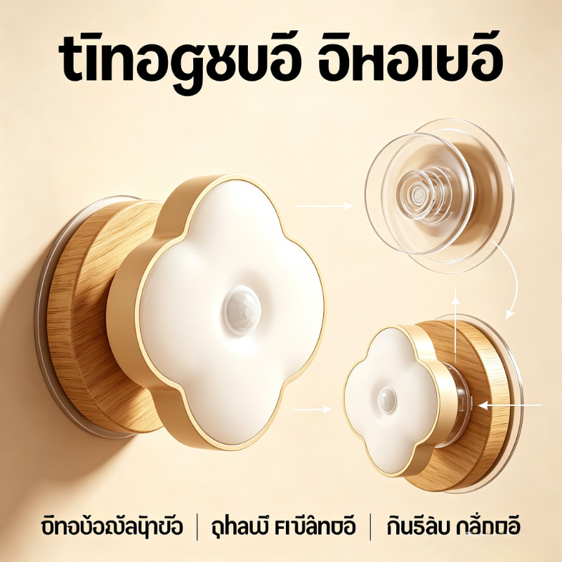 ไฟเซนเซอร์อัตโนมัติ หัวเตียง LED ชาร์จ USB ไม่ต้องใช้แบตเตอรี่ ลดการแสบตา ไม่จำเป็นต้องเจาะกับถ้วยดูด