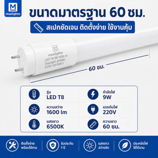 สว่างจัดเต็ม หลอด LED T8 9W 60ซม. 1600lm แสงขาว 6500K รับประกัน 1 ปี