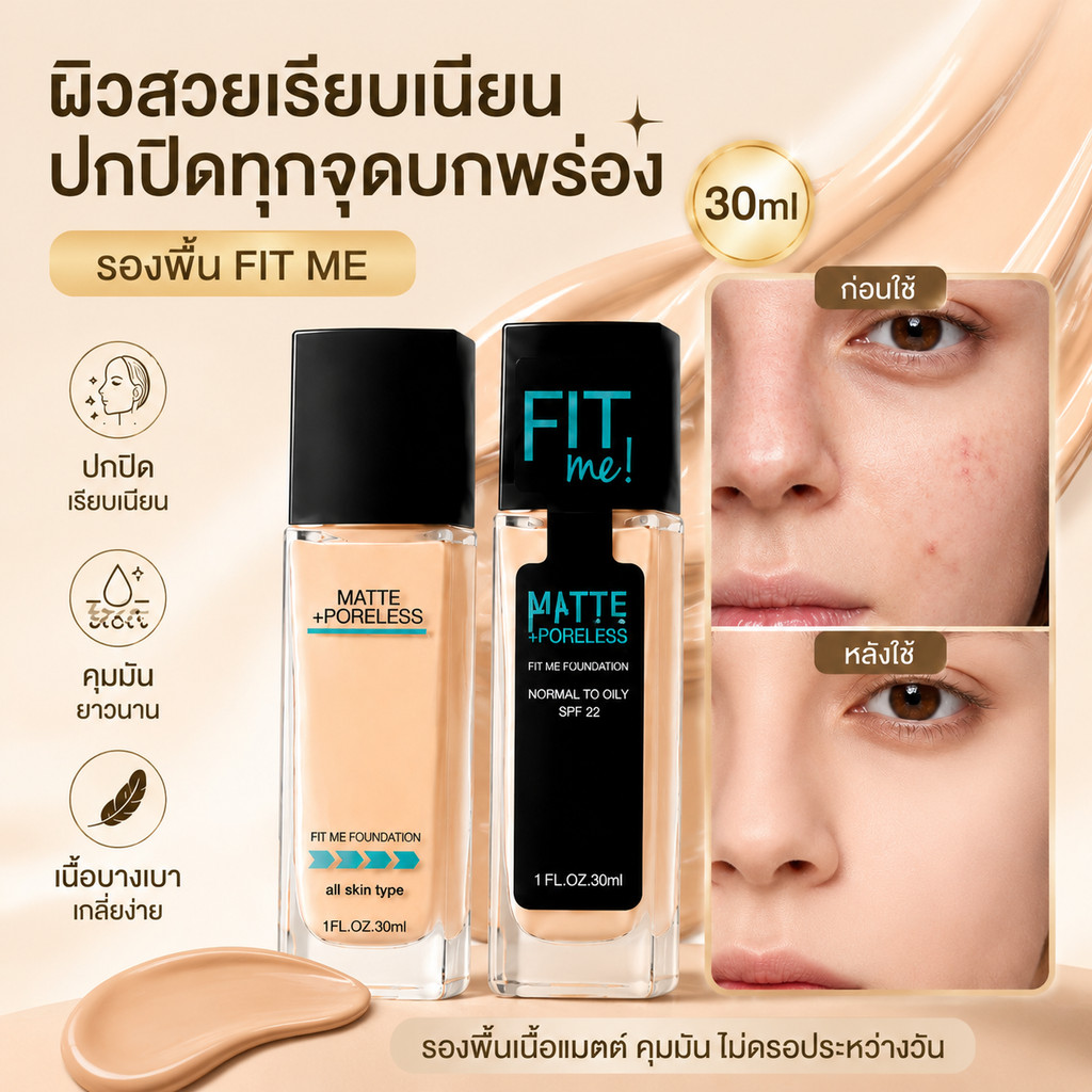 พร้อมส่ง FitMe Matte + Poreless รองพื้น 30ml เนื้อแมตต์ ปกปิดเนียน เบลอรูขุมขน สี Fair Porcelain ผิวสวยติดทน