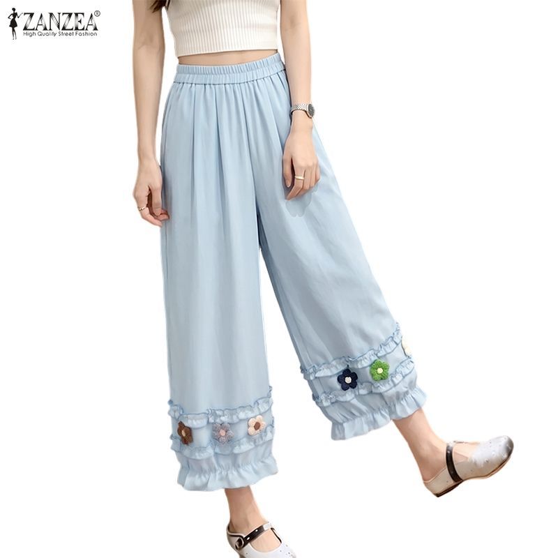 ZANZEA ผู้หญิงสาวเกาหลีสดเอวสูง 3D ดอกไม้ตกแต่ง Ruffles ตัด Crop โคมไฟกางเกง — صورة 6