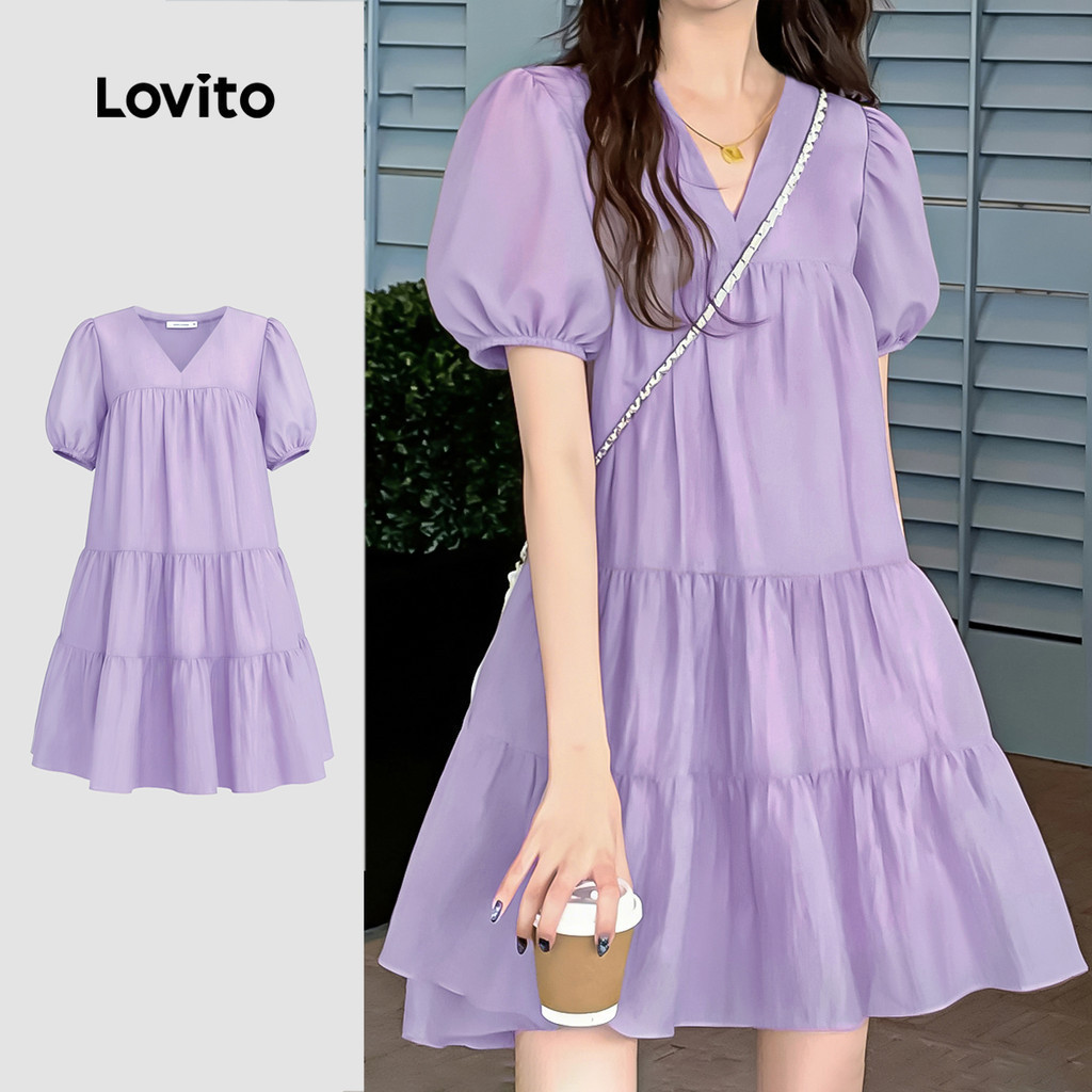 Lovito เดรสลำลองชายระบายสีม่วงสำหรับผู้หญิง ใส่ได้ทุกฤดูกาล LK4ED512