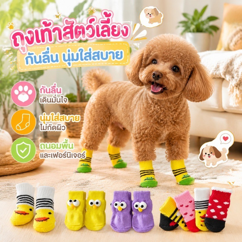 【พร้อมส่ง】ถุงเท้าสัตว์เลี้ยง ถุงเท้าแมว ถุงเท้าสุนัข พื้นด้านล่างมียางกันลื่น กันหนาว กันข่วน