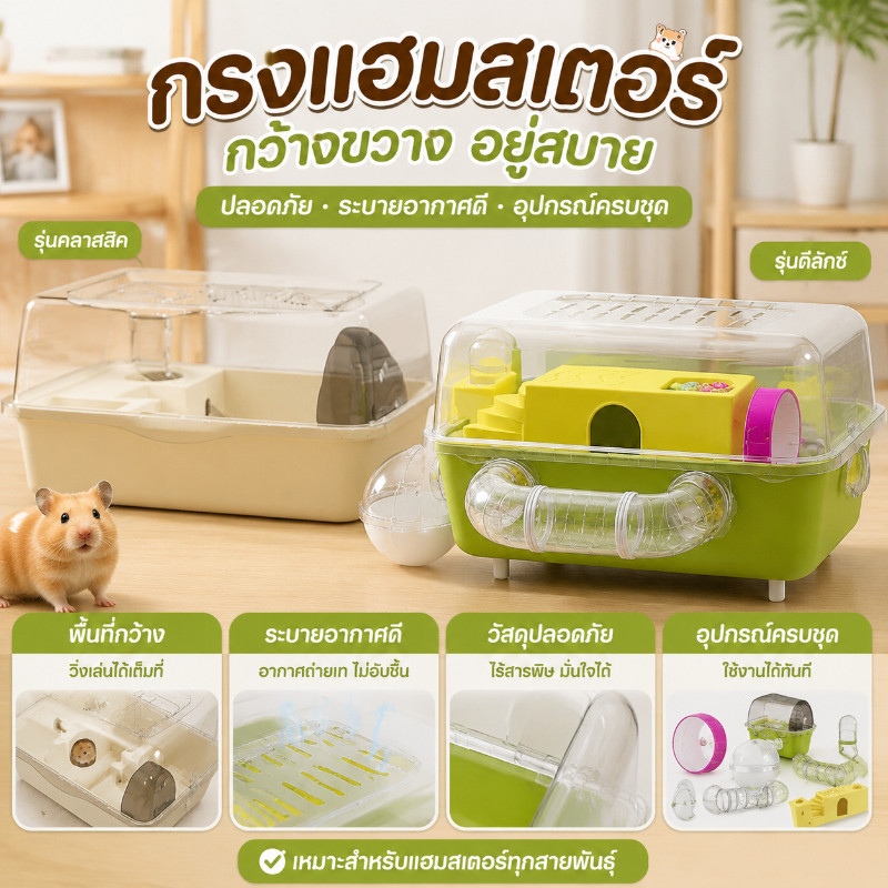 กรงแฮมเตอร์ มีพื้นที่ใช้งานมาก วัสดุปลอดภัยไร้สารพิษ มีระบายอากาศดี พร้อมอุปกรณ์ครบชุด ใช้ได้กับทุกสายพันธุ์หนูแฮมเตอร์