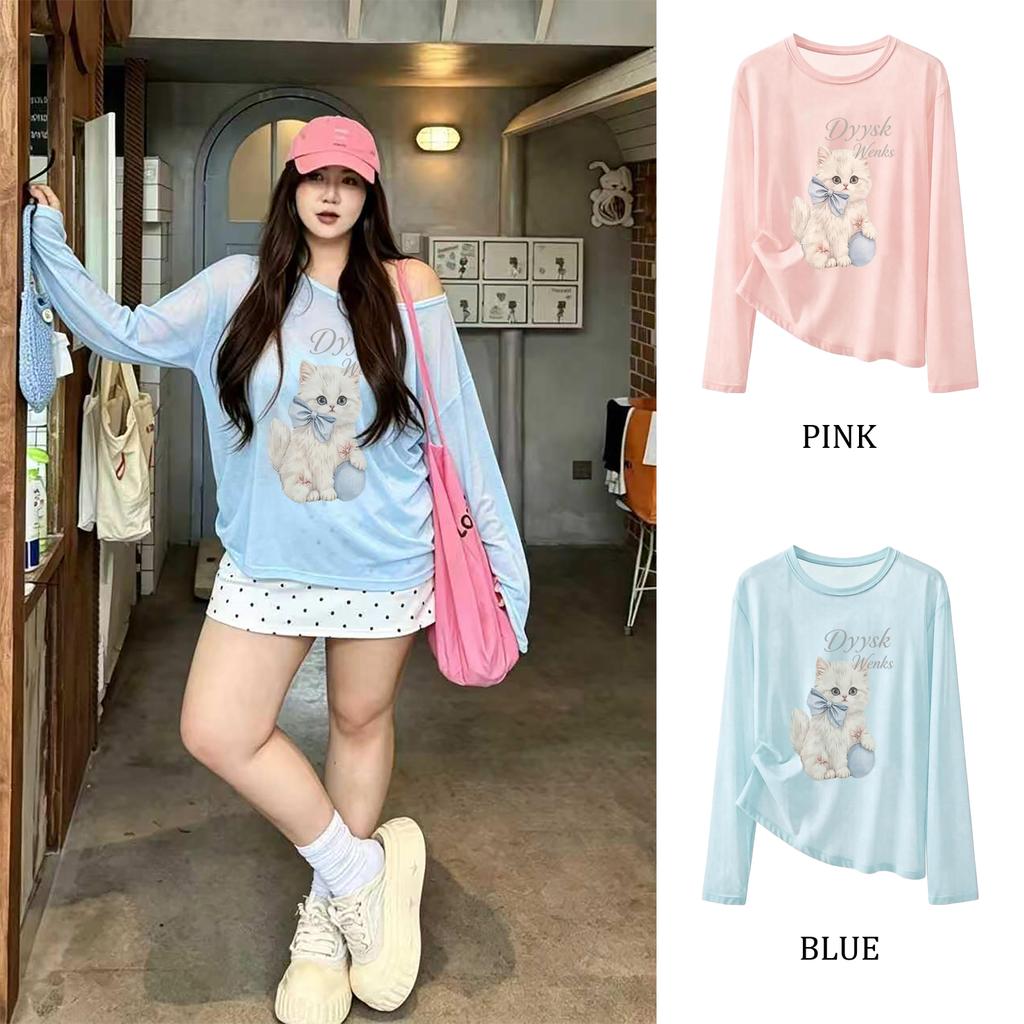 【พร้อมส่งจากกทม มาถึงใน 2วัน】เสื้อยืดแขนยาวสตรีฤดูร้อนผ้าบางใสสบายระบายลมได้ดีเลิศดีไซน์ตัดข้างรูปโค้งคู่ทรงไม่สม่ำเสมอท