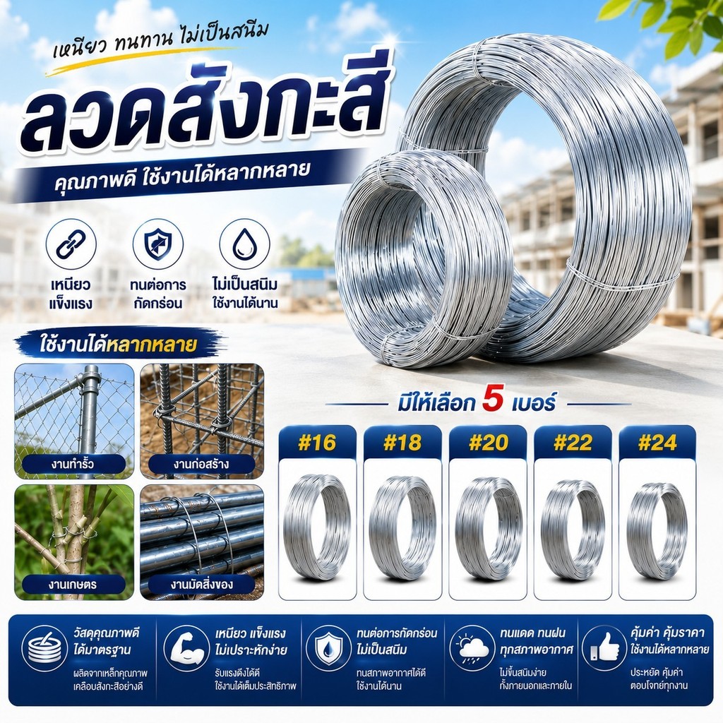 ลวดสังกะสี ชุบขาว น้ำหนัก 0.9-1kg. ลวดผูกมัดไก่ ลวดไก่ปิ้ง มีหลายขนาด