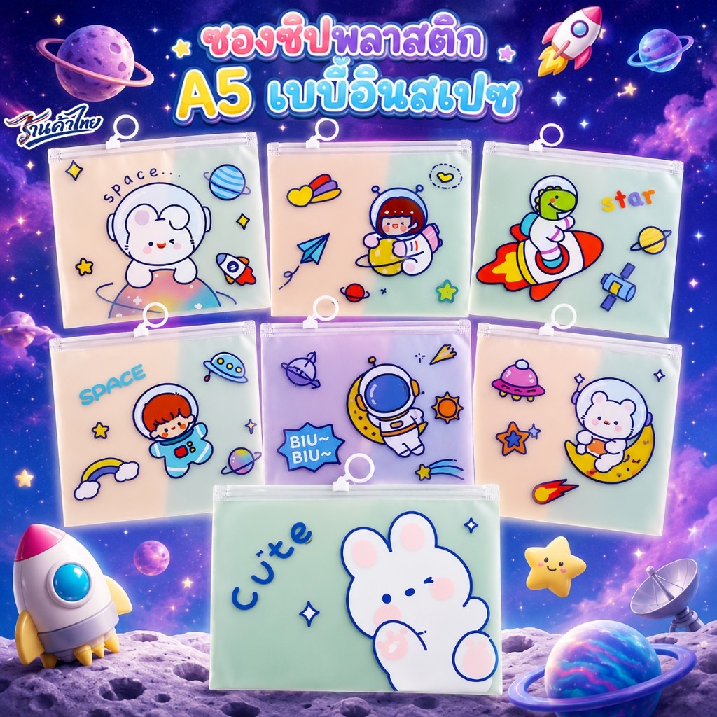🚀ซองซิปพลาสติก A5 🚀เบบี้อินสเปซ ซองเอกสาร ซองใส่สมุด💦กันน้ำ ใส่เครื่องเขียน ลายการ์ตูน