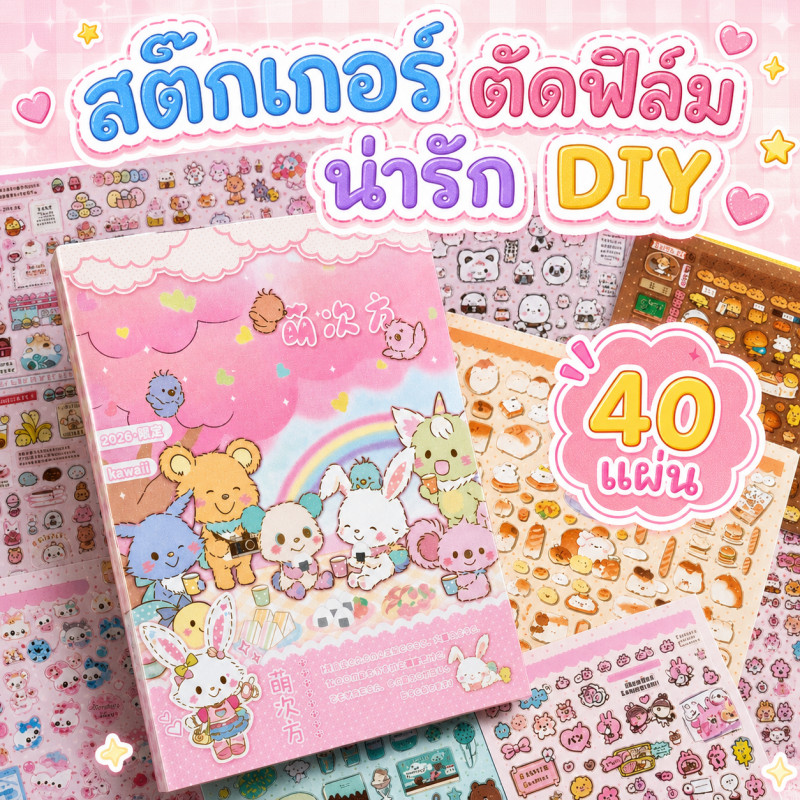 สติกเกอร์ตัดฟิล์มน่ารัก🐰 หนังสือสติกเกอร์ สมุดสติกเกอร์ 40 แผ่น DIY คาวาอีมาก สำหรับตกแต่งเคสโทรศัพท์ ถ้วยน้ำ