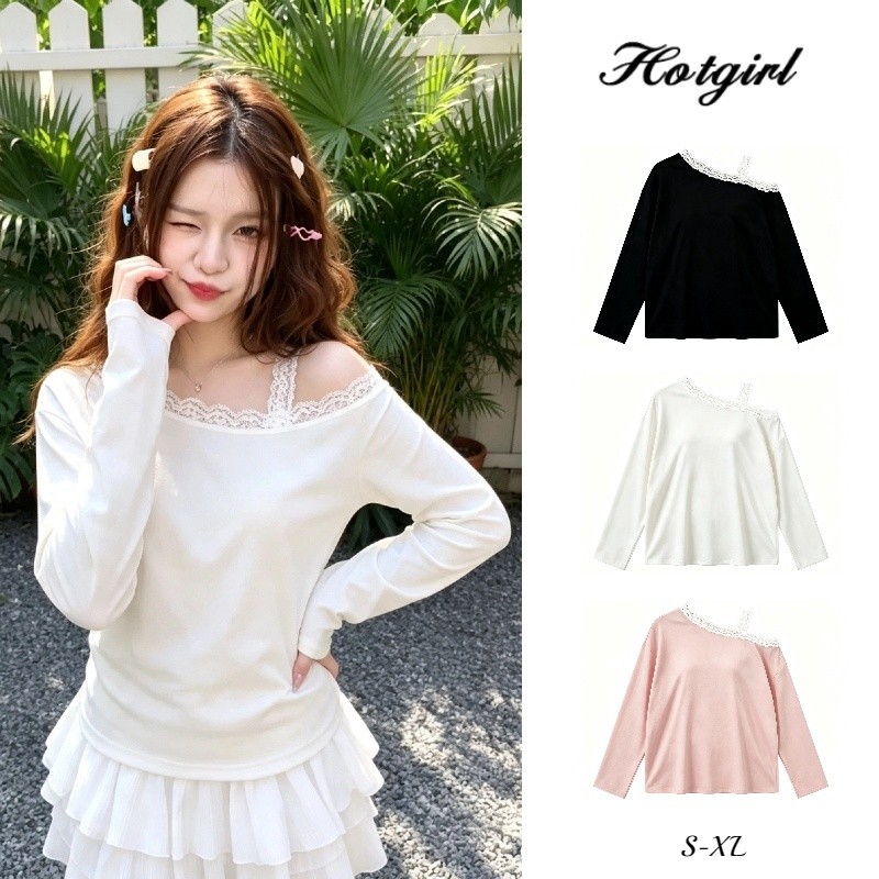 Hotgirl พร้อมส่ง เสื้อยืดผู้หญิง สื้อปาดไหล่เฉียงเปิดไหล่ แขนยาว ดีไซน์ขอบลูกไม้ ใส่สบาย