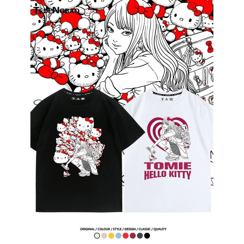 Junji Ito X Sanrio Tomie hellokitty Joint Short Sleeves T-Shirt Summer Men Pure Cotton cos Pain Clot