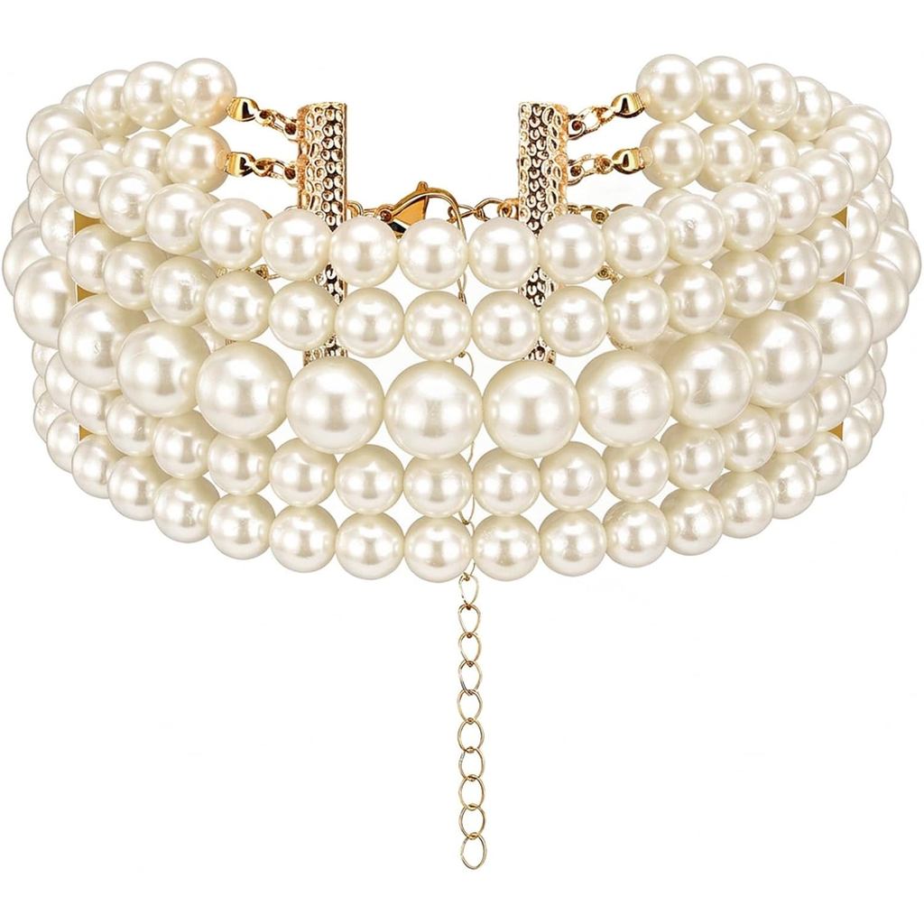 Yolev 5 ชั้น Bohemian รอบสร้อยคอมุกเทียม Retro Multi-Strand Pearl Collar สร้อยคอมุกสุภาพสตรีเจ้าสาวง