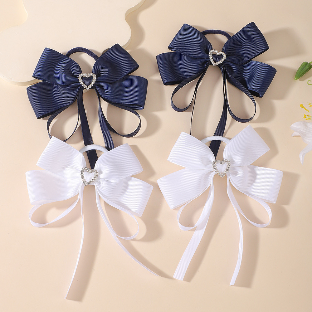 2 ชิ้นโบว์ผมวงริบบิ้น Scrunchie สําหรับเด็กผู้หญิงยืดหยุ่นผม Tie หัวเชือกชีฟอง Polka Dot Double Layered Bow Tie