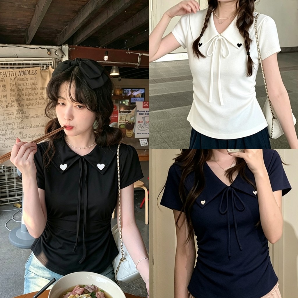 Bella Shop เสื้อยืดแฟชั่นผู้หญิง เสื้อโปโลแขนสั้น ดีไซน์ปักหัวใจน่ารัก สไตล์แคชชวลหวาน ผ้านุ่มใส่สบาย