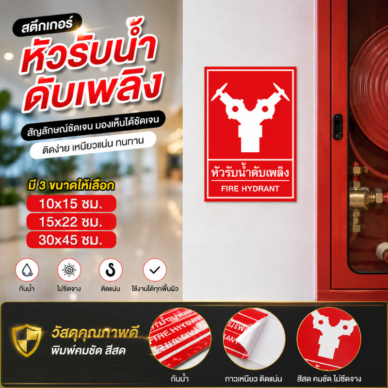 JIE HOME สติกเกอร์ป้ายหัวรับน้ำดับเพลิง เกรดพรีเมี่ยม ป้ายความปลอดภัย ป้ายเตือน อุปกรณ์เซฟตี้ ทนแดด ทนฝน