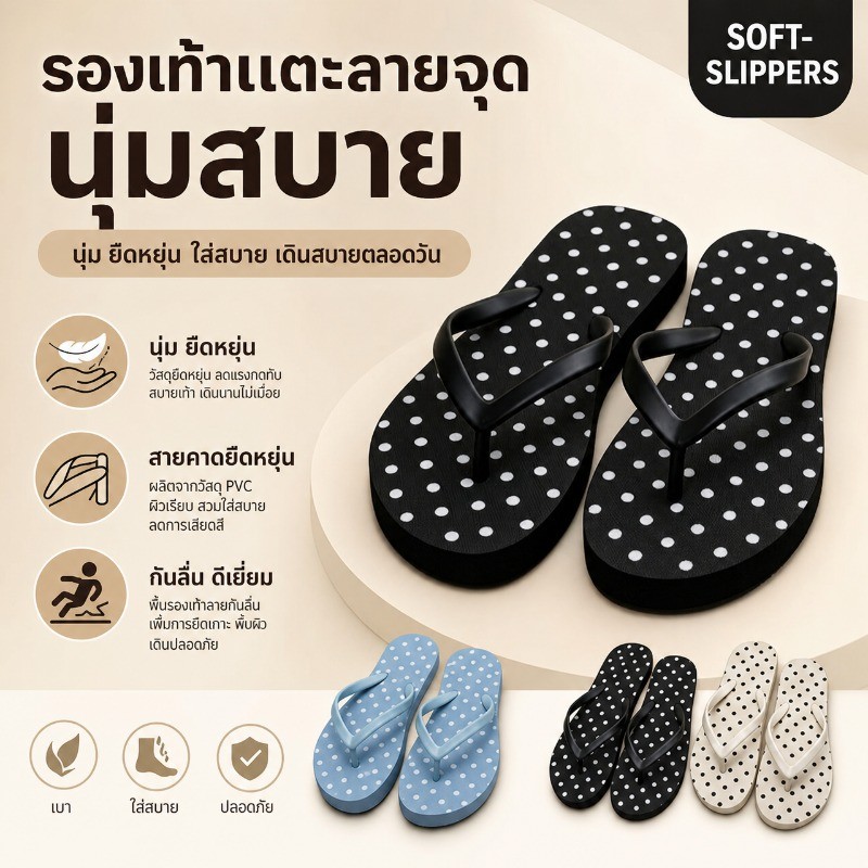 รองเท้าแตะหนีบกันลื่น กันตก ลายจุดสไตล์เกาหลีแฟชั่น ฤดูร้อน ใส่ออกไปข้างนอกได้ เที่ยวทะเล สำหรับผู้หญิง และผู้ชาย