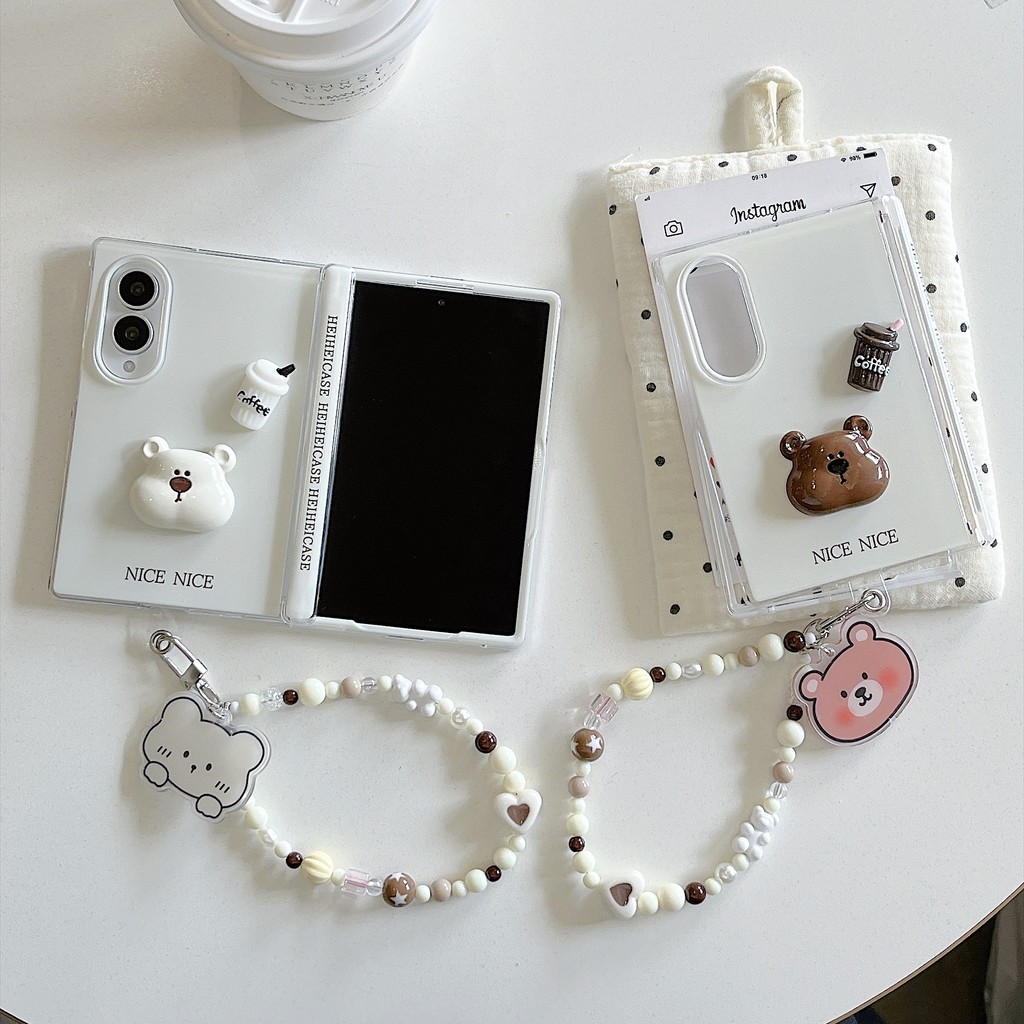 3D การ์ตูนหมีกาแฟคู่โซ่เคสโทรศัพท์สําหรับ Samsung Galaxy Z พับ 8 กว้าง Fold8 กว้าง 5G กันกระแทก