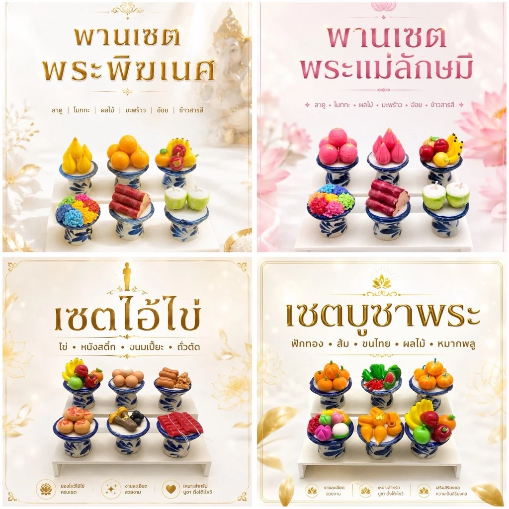 เซทรวมพาน6 ชิ้น พานชุดถวายไอ้ไข่ ชุดถวายพระ ชุดดถวายพระพิฆเนศ ชุดถวายสด็จพ่อ ร.5 ขนมไทยมงคล ผลไม้มงคล