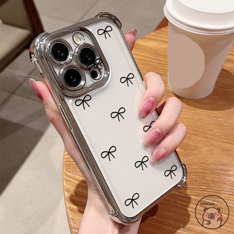 สําหรับOPPO A97 A96 A95 A94 A93 A79 A78 A77 A77s A57 2022 A57s A57eเคสโทรศัพท์น่ารักสายสีดําสีชมพูBowknotโบว์ชุบAnti Fallโปร่งใสปลอกนุ่มกรณีฝาครอบ