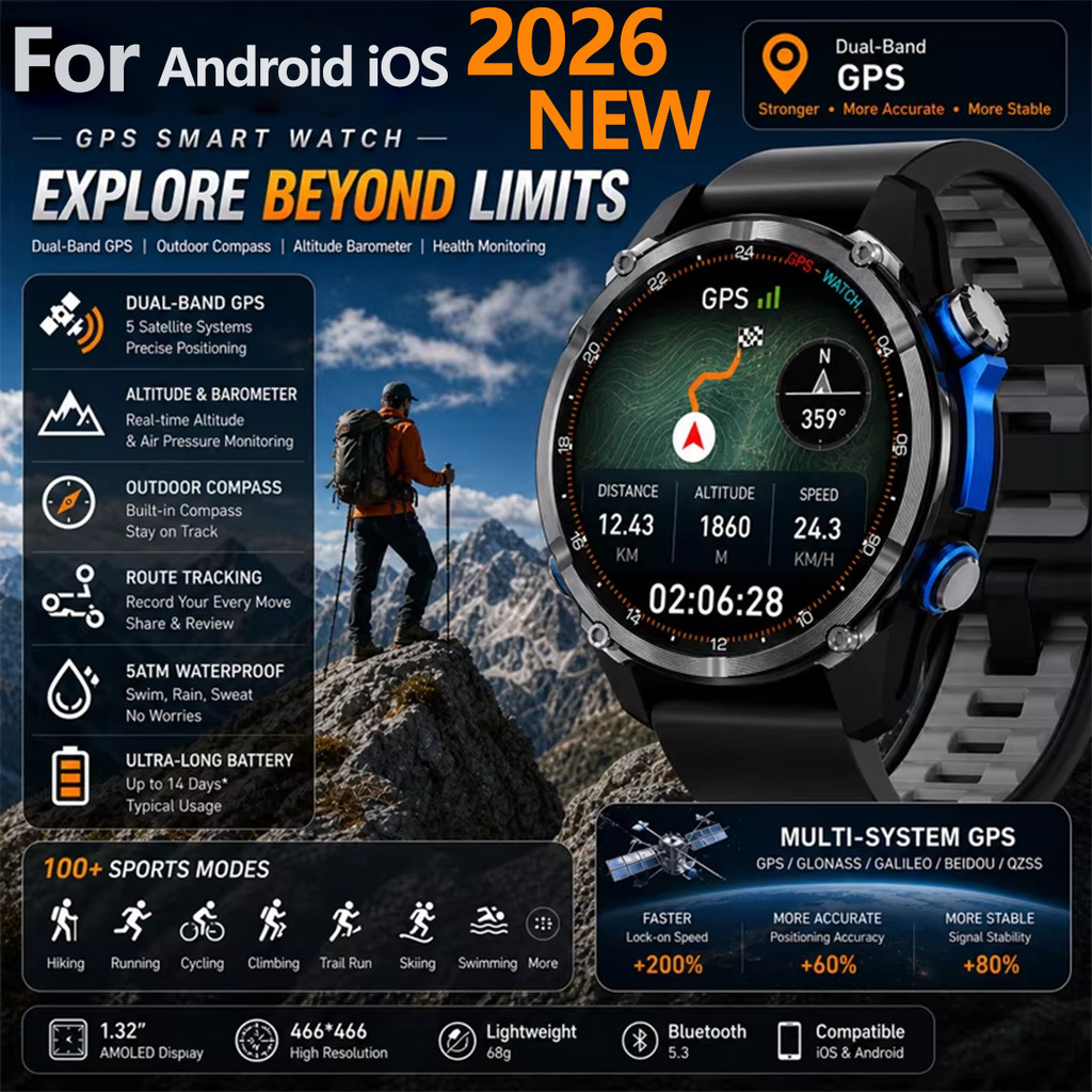 2026 รุ่นใหม่ ระดับกองทัพTANK แผนที่ GPS แบบออฟไลน์ สำหรับผู้ชาย สมาร์ทวอทช์กันน้ำ 3ATM กีฬา เข็มทิศ