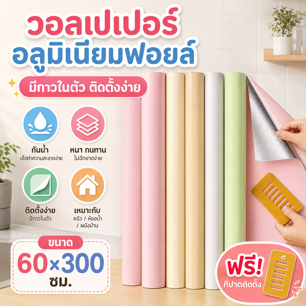 วอลเปเปอร์สีพื้น ขนาด 60x300 ซม. มีกาวในตัว กันน้ำ ติดตั้งง่าย มีหลายสีให้เลือก