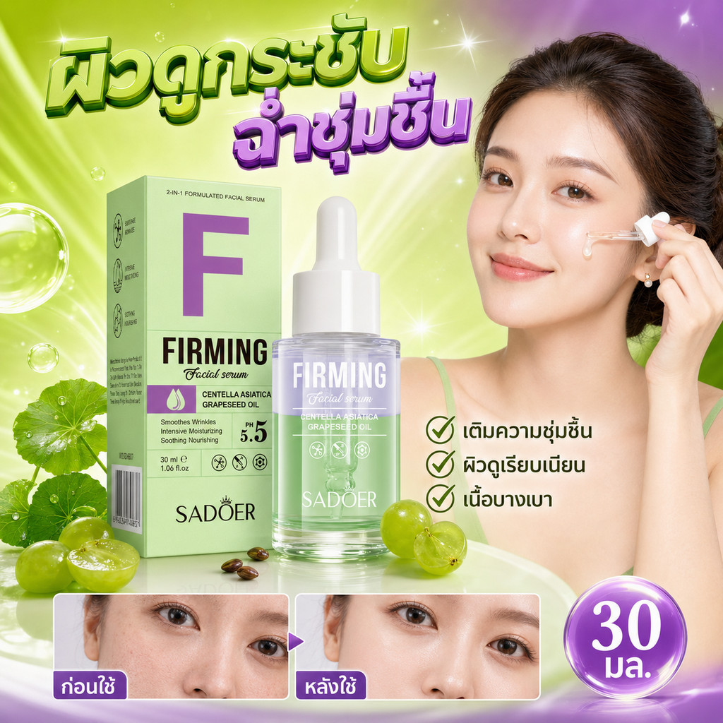 เซรั่มบำรุงผิว SADOER น้ำมันเมล็ดองุ่น + ใบบัวบก เนื้อสองชั้น เติมความชุ่มชื้น ผิวดูโกลว์ นุ่มเด้ง สมดุลผิว