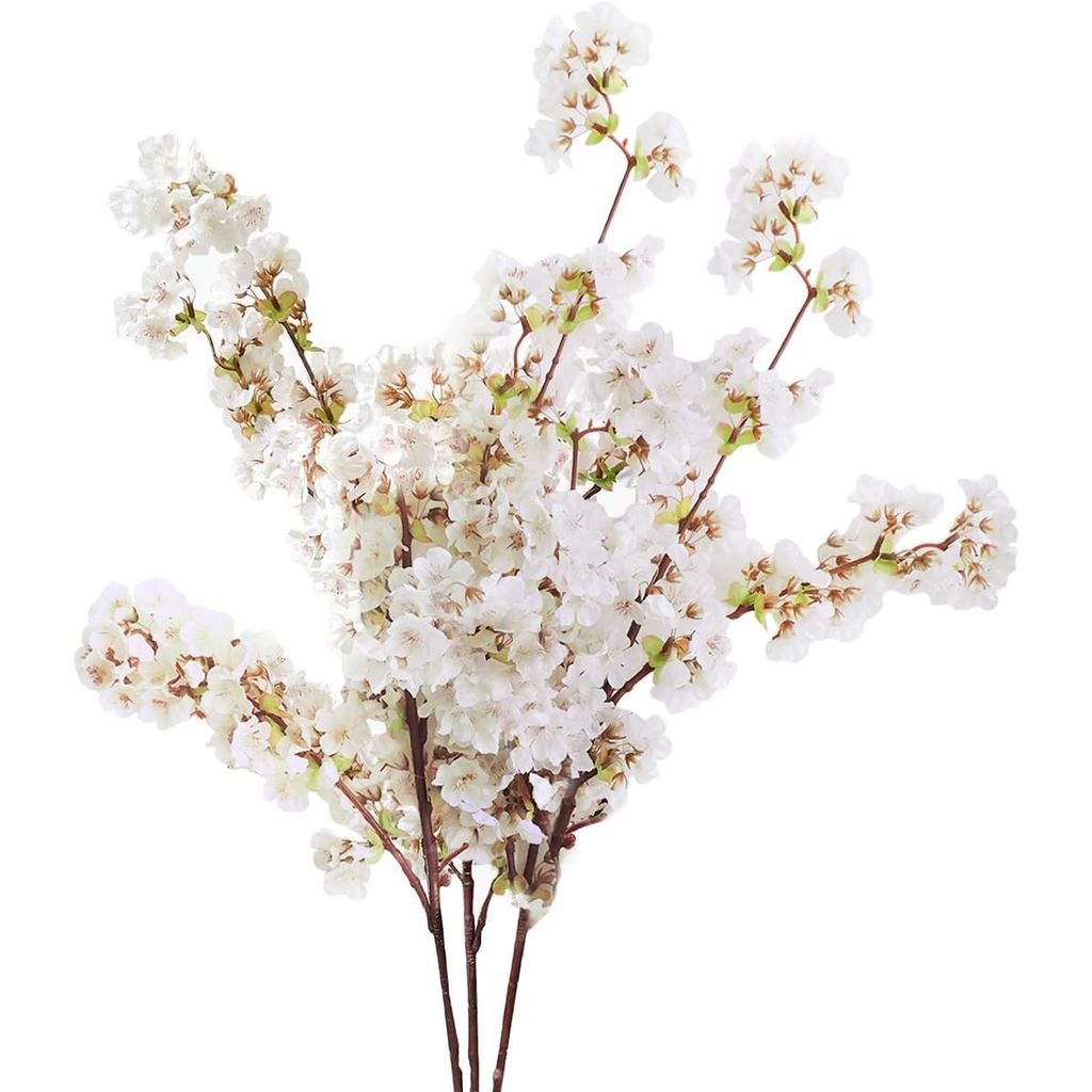 Sunm Boutique 3 ชิ้นผ้าไหม Cherry Blossom สาขา,ประดิษฐ์สีขาว Cherry Blossom ดอกไม้ Faux White Cherry