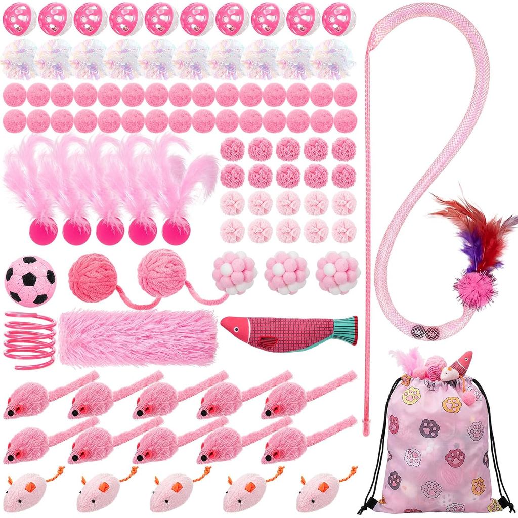 Leitee 101 ชิ้นแมวของเล่นแบบโต้ตอบชุด 1 Cat Paw ของขวัญเก็บกระเป๋า Feather Teaser Wand ฤดูใบไม้ผลิหน