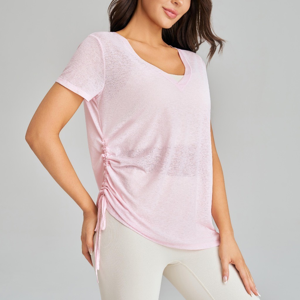 KANNA - เสื้อยืดกีฬาผู้หญิง V คอ Ruched Side Yoga Pilates Gym Sports Top GRETEL