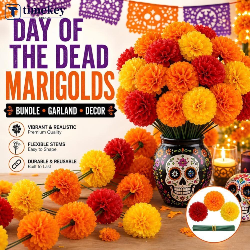 TIMEKEY 50pcs ประดิษฐ์ดาวเรืองดอกไม้ Stems Day of the Dead Decor ฮาโลวีน Party ผ้าไหม Faux ดอกไม้ Mu