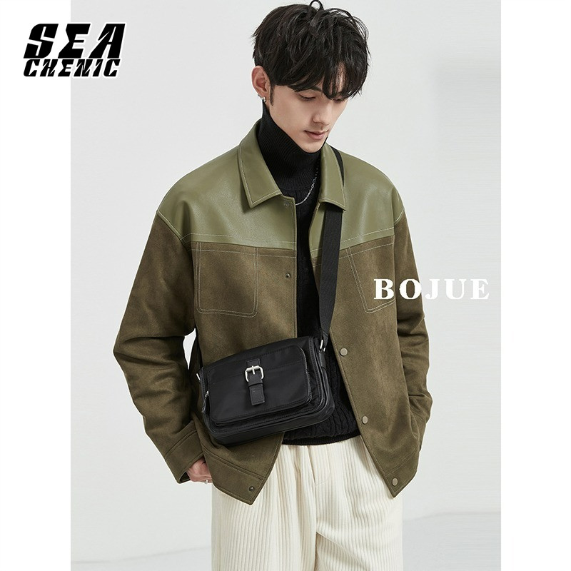 SECHENIC High-Grade Stitching Suede Jacket Mens Korean-Style Casual Contrast Color Design