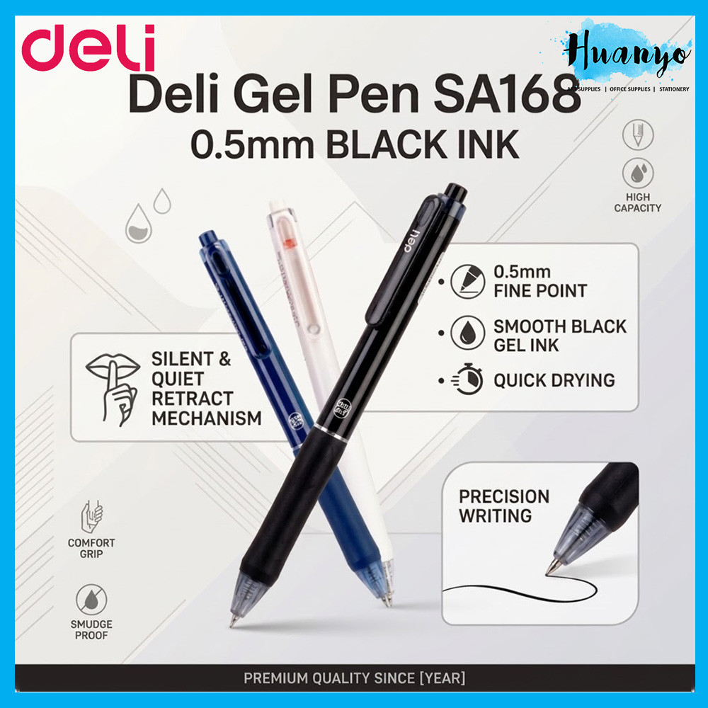 [HUANYO] Deli SA168 Silent Press Gel Pen 0.5mm ST Tip Black Ink Quick Dry Smudge Free