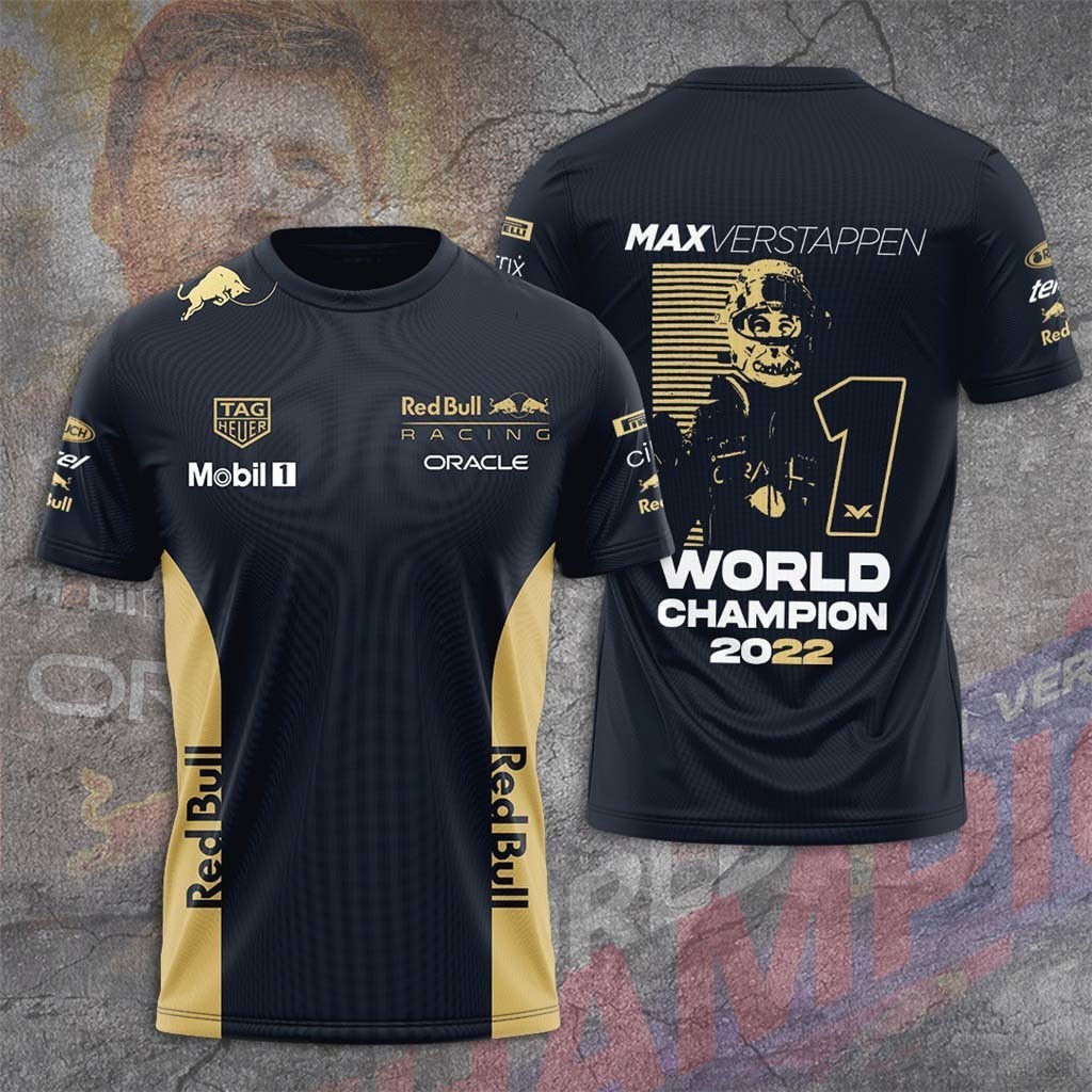 AM F1 เสื้อยืดคอกลมแขนสั้น Red Bull Racing Max Verstappen Championship Edition (Unisex) พิมพ์ลายทั้ง