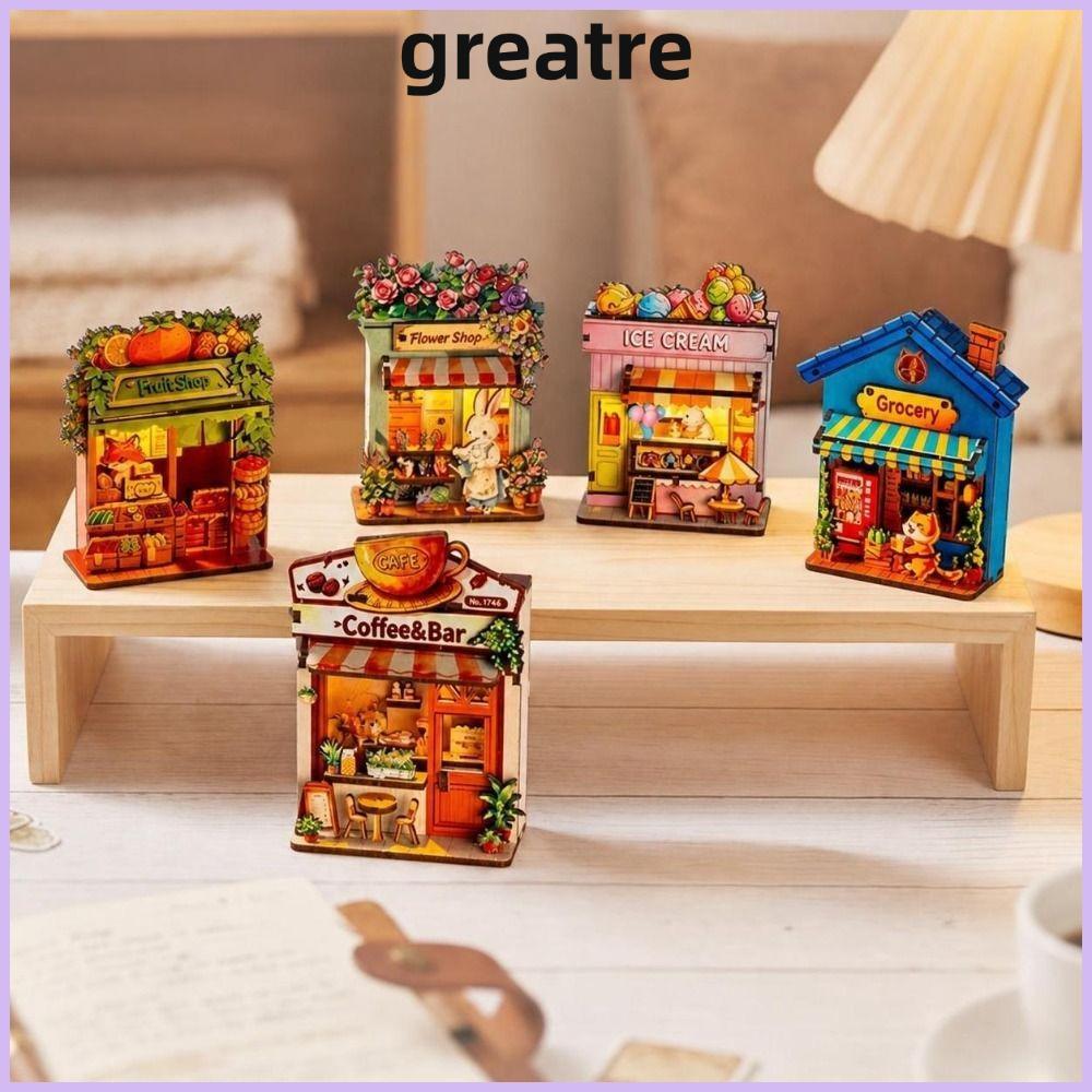 GREATRE DIY ไม้ Mini House, สัตว์ Shop DIY Handcraft ตู้เย็นแม่เหล็ก DIY, พร้อม Light Home Decor Min