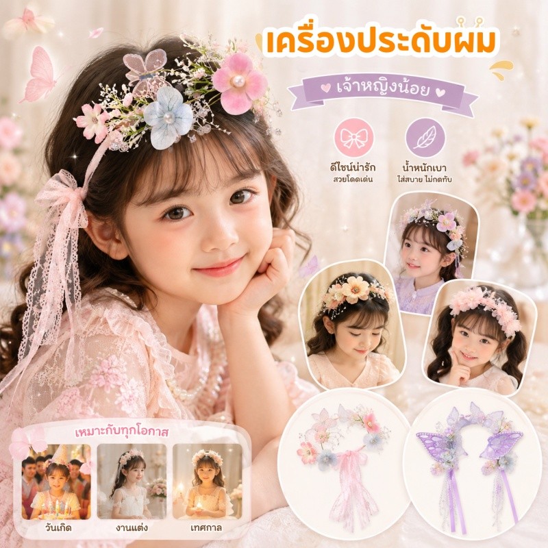 ที่คาดผมเด็กผู้หญิง มงกุฎดอกไม้ ผีเสื้อ โบว์ ลูกไม้ 3D นุ่มยืดหยุ่น ใส่สบาย ไม่กดหัว