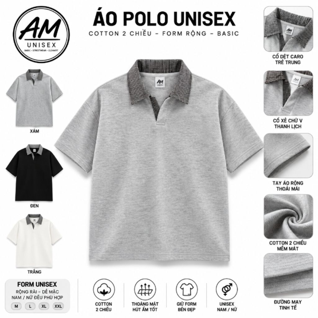 เสื้อโปโลผู้ชายและผู้หญิงคอปกเปิดลาย CARO, AM เสื้อยืดแขนสั้นผ้าฝ้าย 2 ทางหนาสําหรับทั้งชายและหญิง