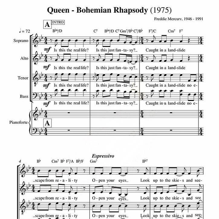 Bohemian Rhapsody Bohemian Rhapsody Remix เปียโน Chorus สี่ส่วนรองรับคะแนนปกติ 25 หน้า