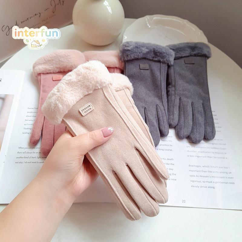 [INTER] ฤดูใบไม้ร่วงฤดูหนาวที่อบอุ่นถุงมือหนังนิ่มบวกกํามะหยี่ Thiened ตุ๊กตาตกแต่งถุงมือข้อมือกลางแจ้ง Coldproof หน้าจอสัมผัสขี่ถุงมือสกี