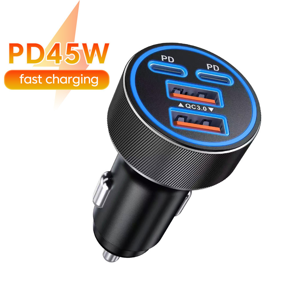 USB Car Charger 45W PD Fast Charging 4 พอร์ต Dual PD 45W + Dual QC อะแดปเตอร์สําหรับโทรศัพท์มือถืออุ