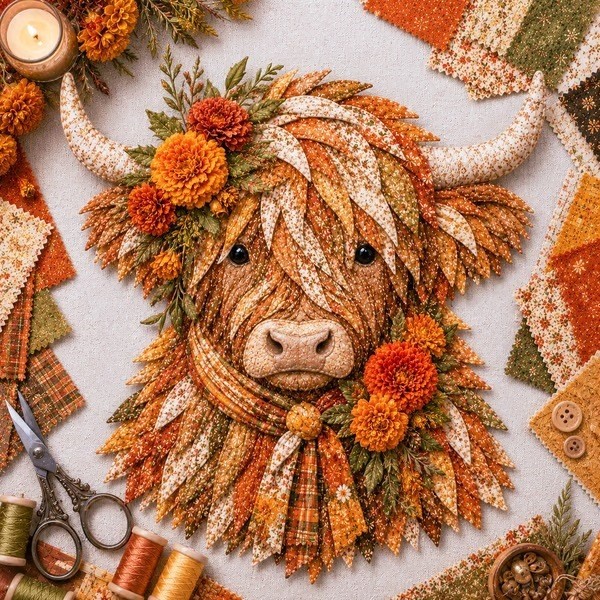 CODHighland Cow Fabric Art DIY Kit – 12 Color Palettes Oct-Dec, Creative Sewing Craft Set, Wall Hang
