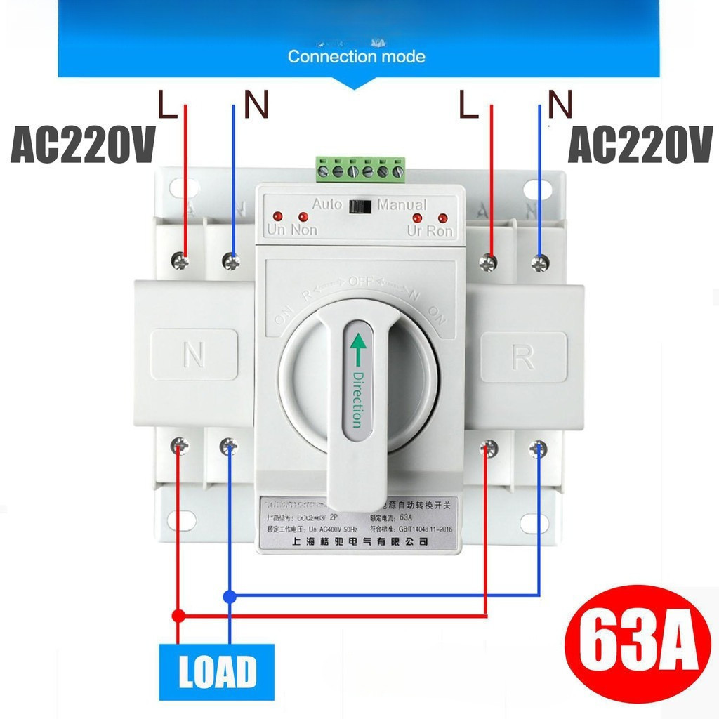 สวิตซ์จ่ายไฟคู่ 2P 63A Automatic Transfer Switch กันไฟตก กันไฟเกิน กันสั้น ใช้กับระบบไฟบ้านและโซลาร์