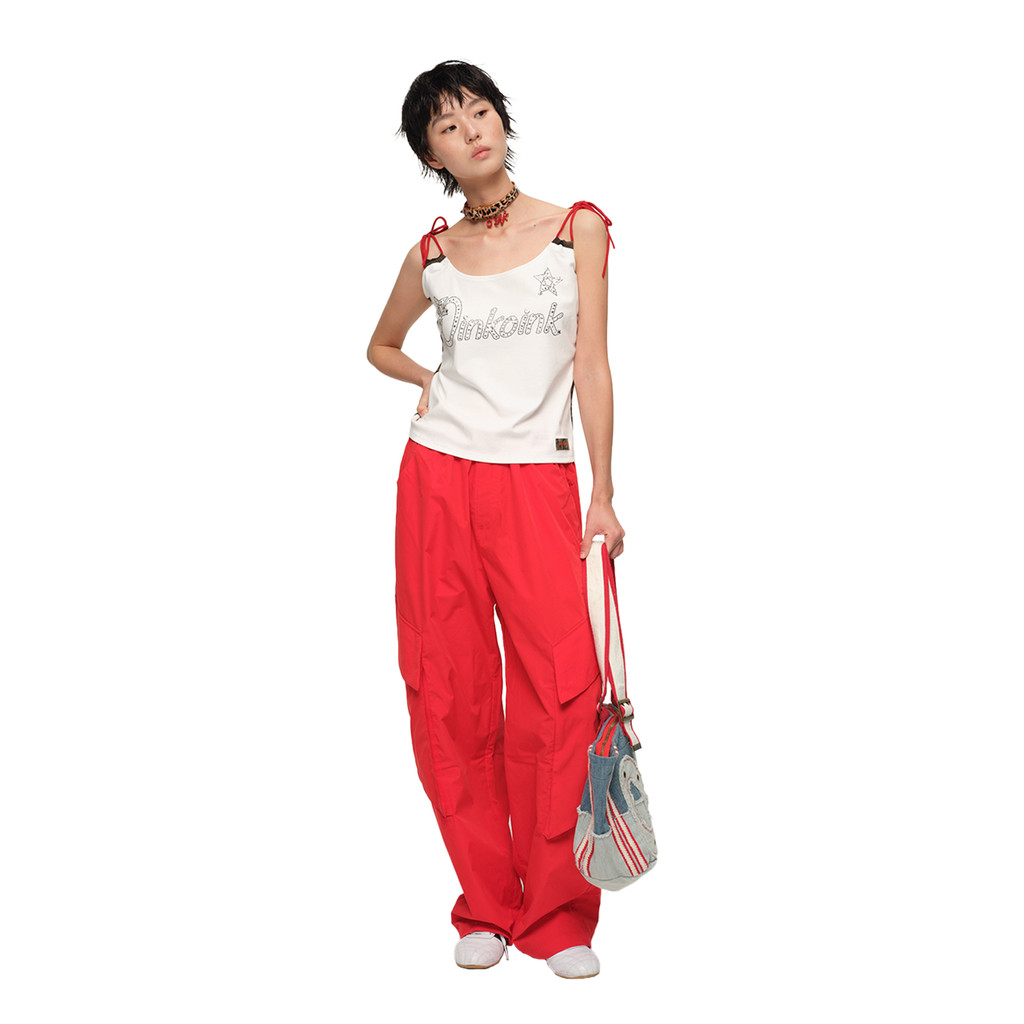 Oink oink Design Strap Stitching สีขาวถัก Hot Diamond สายคล้องไหล่ปรับได้ Sling Top