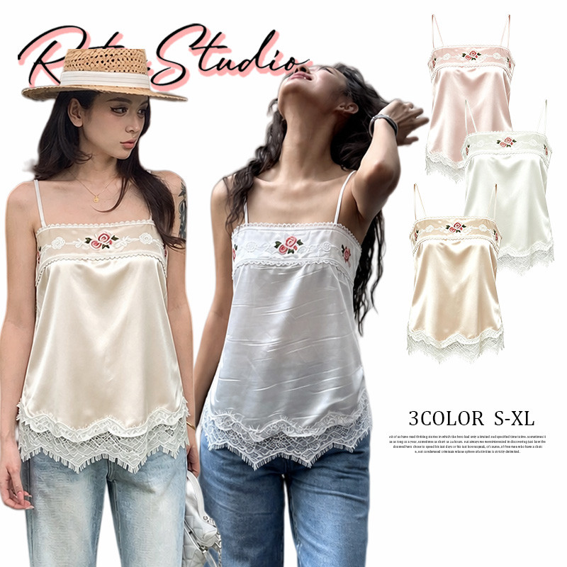 RITA พร้อมส่ง เสื้อสายเดี่ยวผู้หญิง ผ้าซาตินแต่งลูกไม้ ปักดอกไม้ ลุคคุณหนู ใส่เที่ยวทะเล คาเฟ่ สวยมาก ไซส์ S-XL