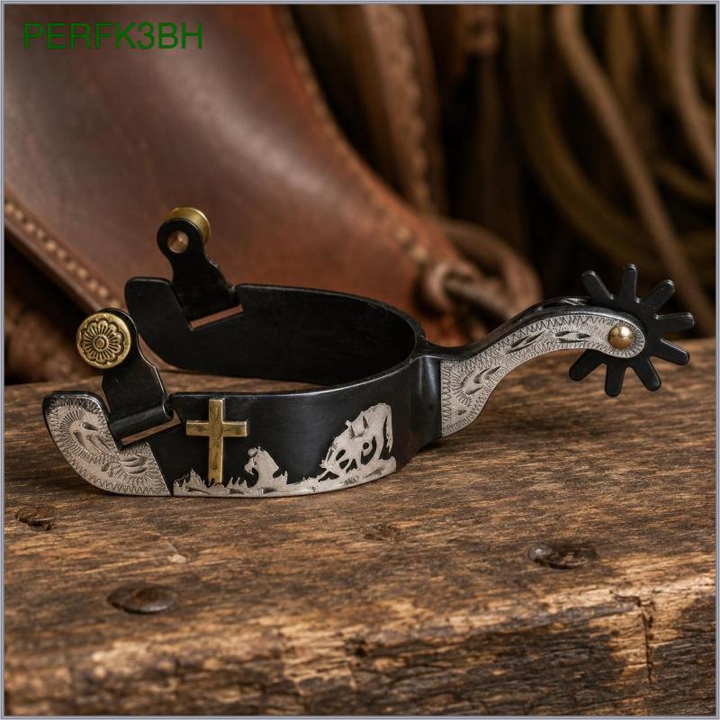 [perfk3bh] แผ่นเงินเยอรมัน Black Iron Spurs Mens Design Western Cowboy Spurs Long-Lasting Horse Tack
